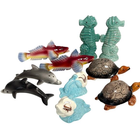 Vintage Lot 5 Ocean Fish Ceramic Salt Pepper Shakers SeaHorse Turtle Dolphin - Picture 2 of 9